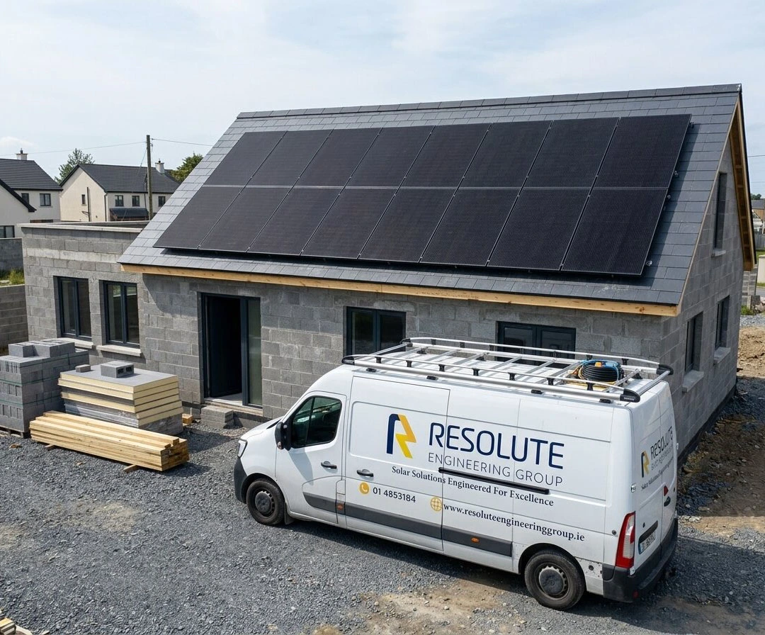 Resolute Engineering Group van parked at a new build home with solar panels installed on the slate roof