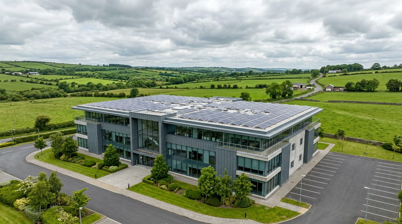 Commercial solar panels on an Irish business rooftop showing return on investment