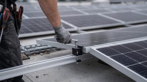 Solar panel being fitted to a commercial roof mounting rail in Ireland