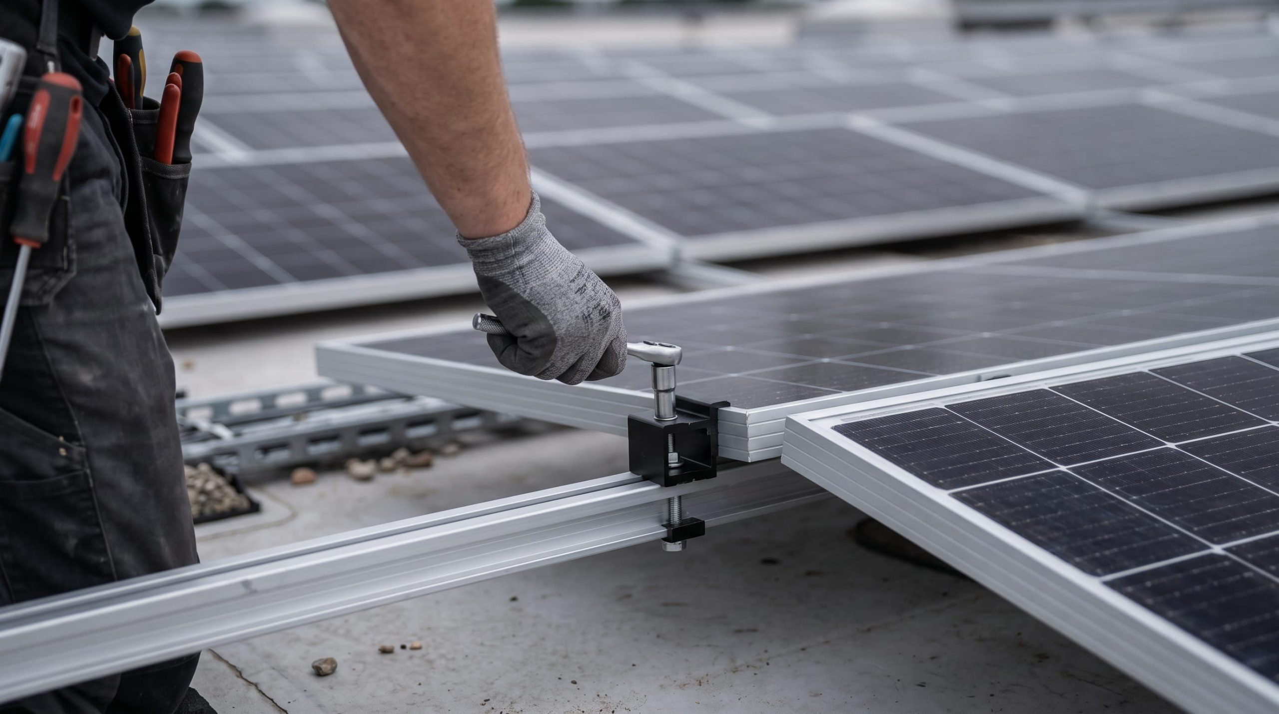 Solar panel being fitted to a commercial roof mounting rail in Ireland