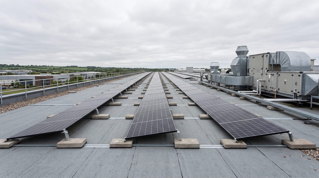 Rows of commercial solar panels on a flat rooftop mounting system