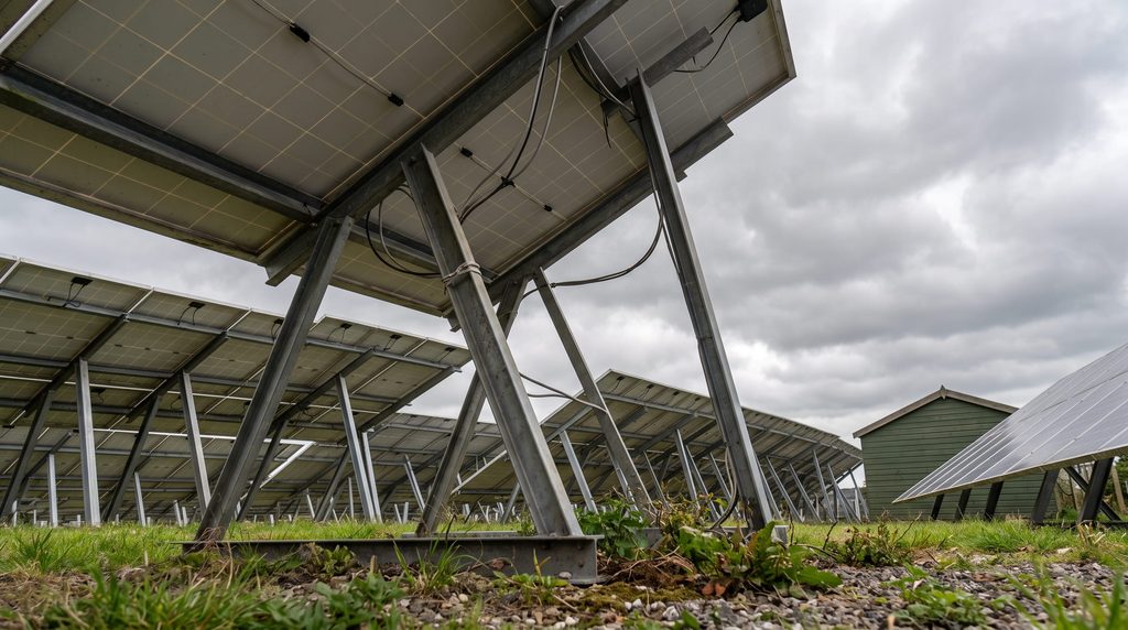 Ground-mounted solar panel array on steel frames at an Irish business site