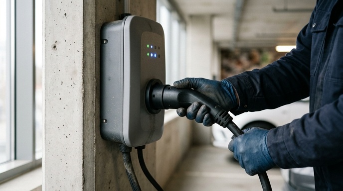 Electric vehicles charging at commercial charge points in a business car park