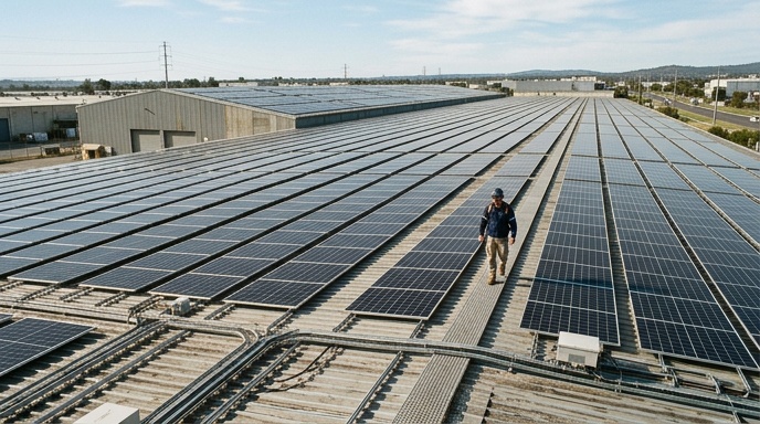 Two business professionals reviewing a solar power purchase agreement contract in an office