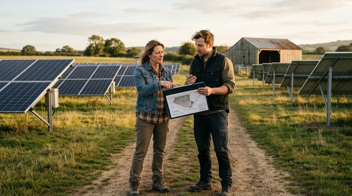 Worker checking a monitoring screen at a solar farm inverter and electrical cabinet