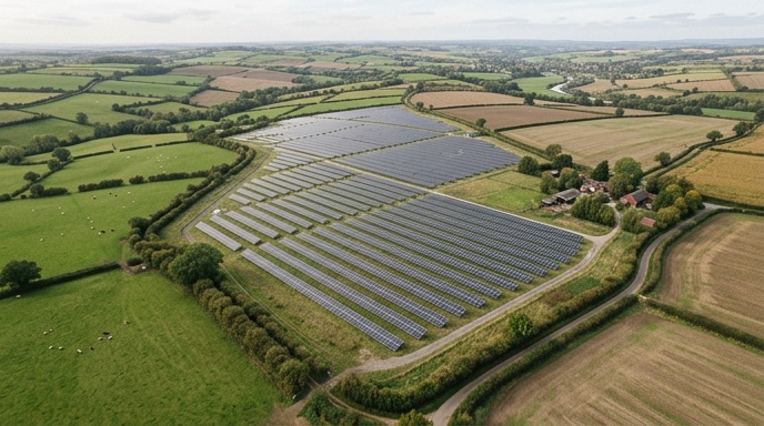 Rows of ground-mounted solar panels in an Irish field with sheep grazing between them